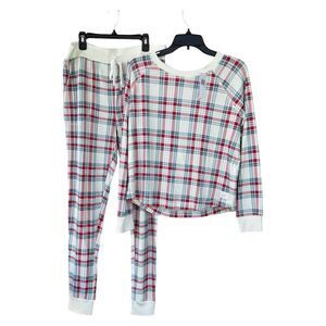NWT Gap GapBody Women's Ribbed Jogger Pajama Set White Red Plaid Multi MEDIUM